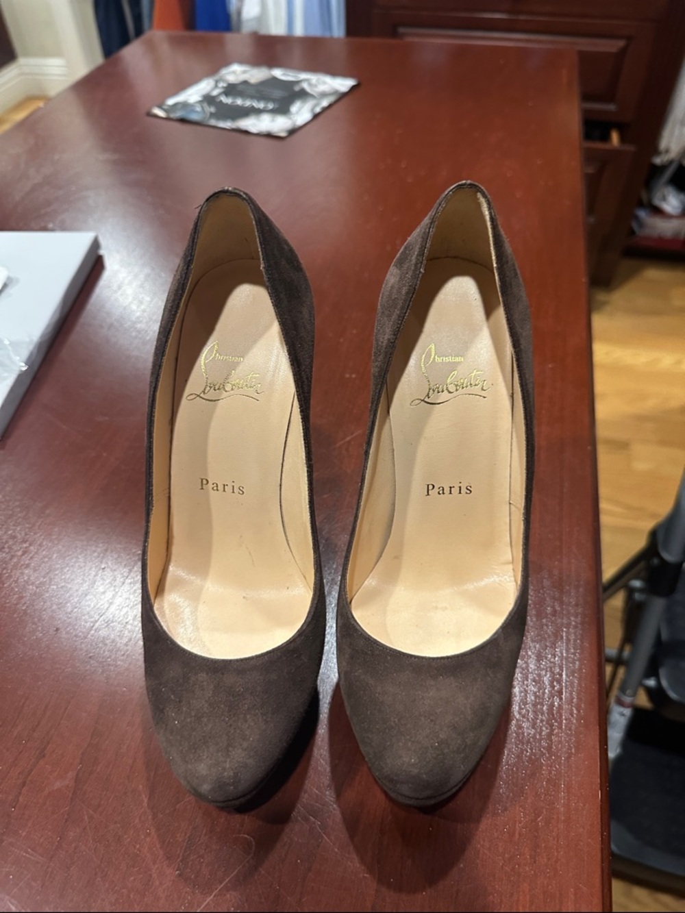 Christian Louboutin Brown Suede Round-Toe Pumps